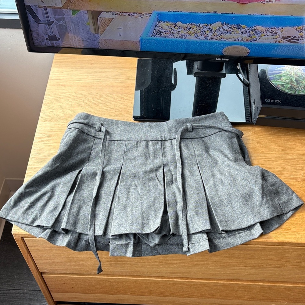Gray Pleated Mini Skirt with Waist Ties